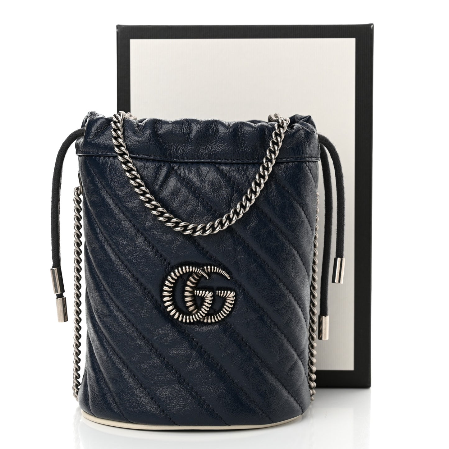 Vintage Effect Calfskin Matelasse Diagonal Mini Torchon GG Marmont 2.0 Bucket Bag Blue Agata Mystic White