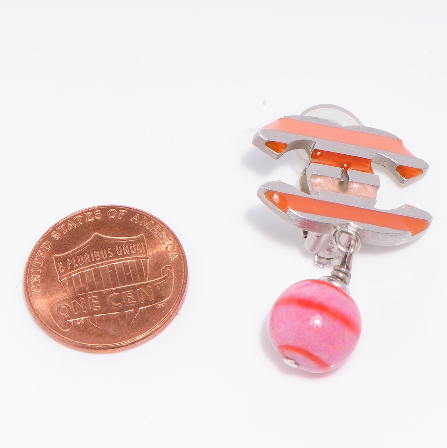 CC Enamel Striped Drop Clip On Earrings Pink Silver