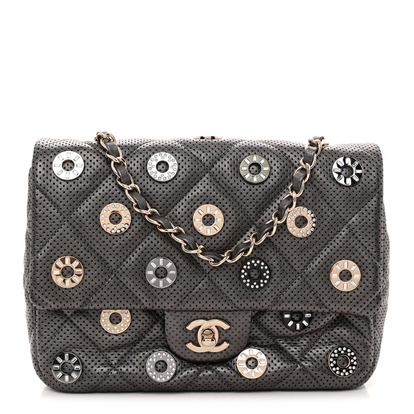 Perforated Metallic Lambskin Small CC Medals Flap Dark Silver