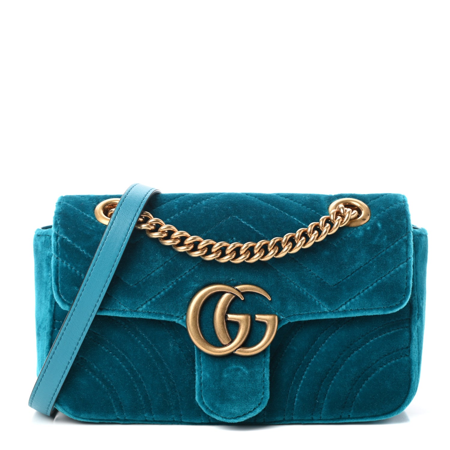 Gucci Velvet Matelasse Mini GG Marmont Shoulder Bag Pavone Cyan 1 of 9