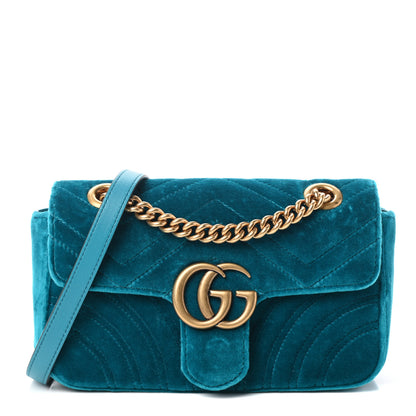 Gucci Velvet Matelasse Mini GG Marmont Shoulder Bag Pavone Cyan 1 of 9