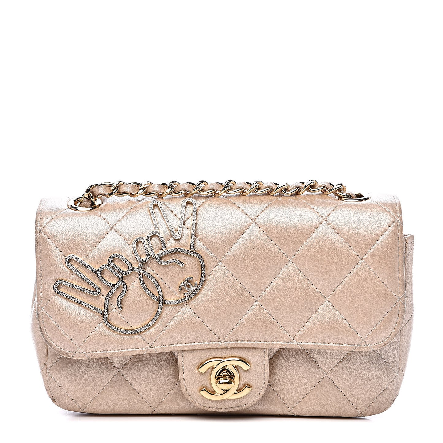 Metallic Lambskin Quilted Extra Mini V For Victory Flap Light Gold