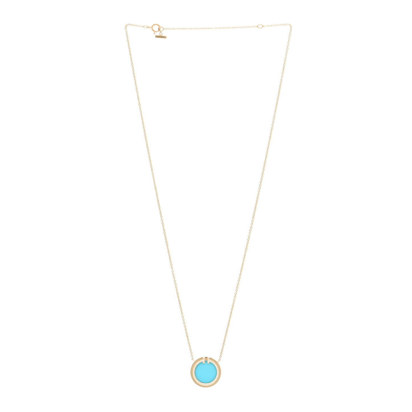 18K Yellow Gold Diamond Turquoise T Circle Pendant Necklace