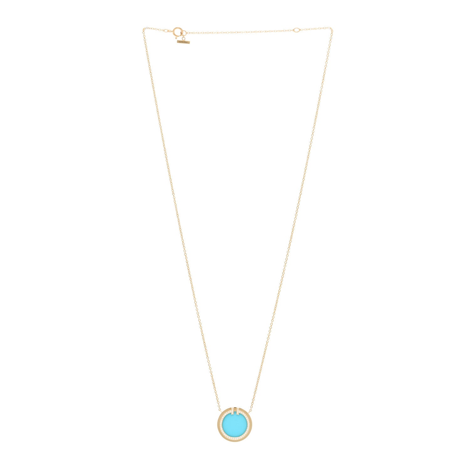 Tiffany 18K Yellow Gold Diamond Turquoise T Circle Pendant Necklace 3 of 6