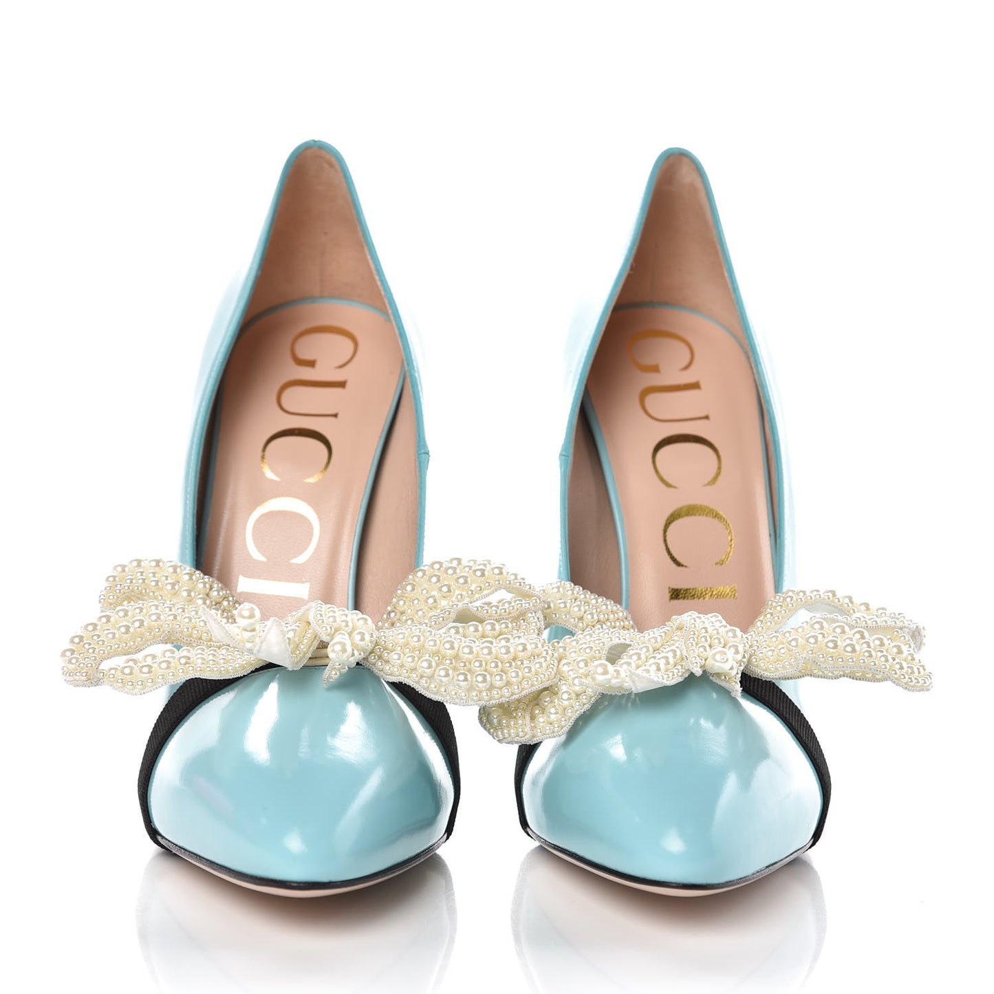 Polished Calfskin Removable Pearly Bow Elaisa Platform High Heel Pumps 38 New Aquamarine