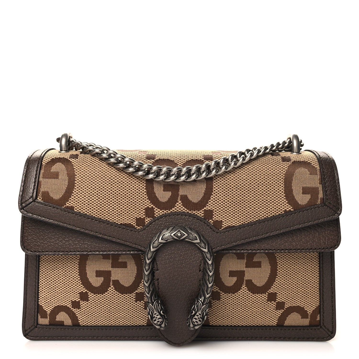 Gucci Monogram Jumbo GG Textured Dollar Calfskin Small Dionysus Shoulder Bag Camel Ebony New Acero 1 of 11