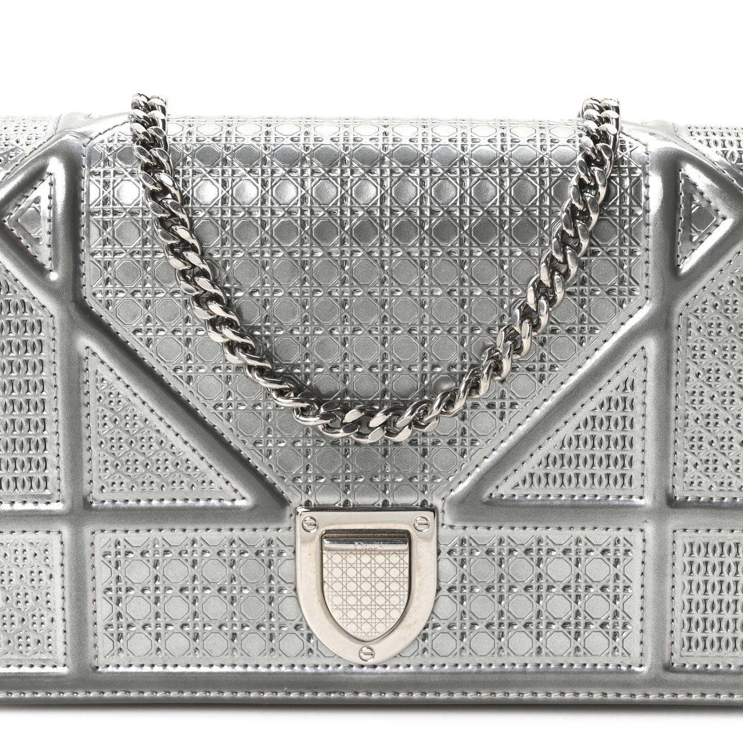 Metallic Patent Micro-Cannage Diorama Wallet on Chain Pouch Silver