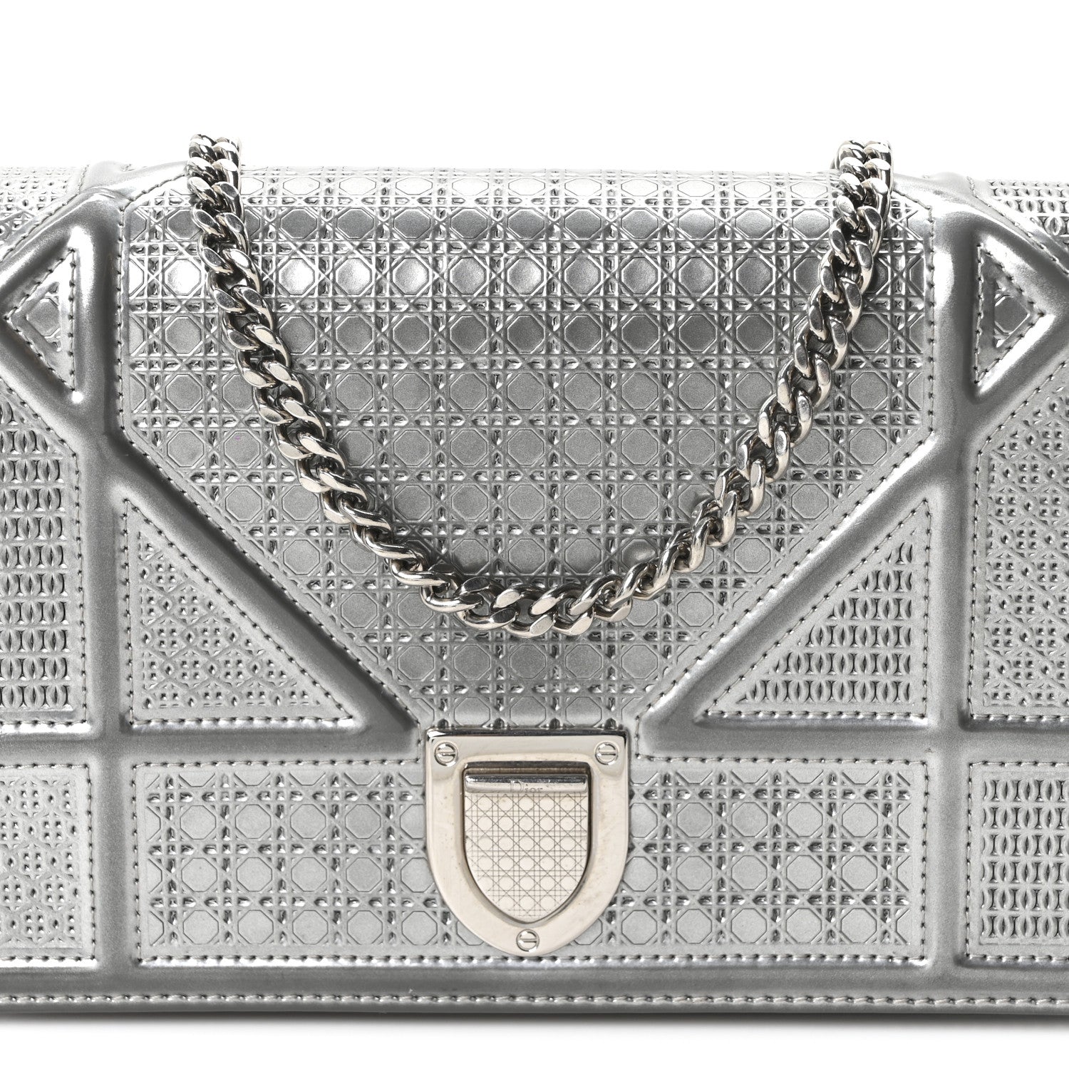 Christian Dior Metallic Patent Micro-Cannage Diorama Wallet on Chain Pouch Silver 8 of 10