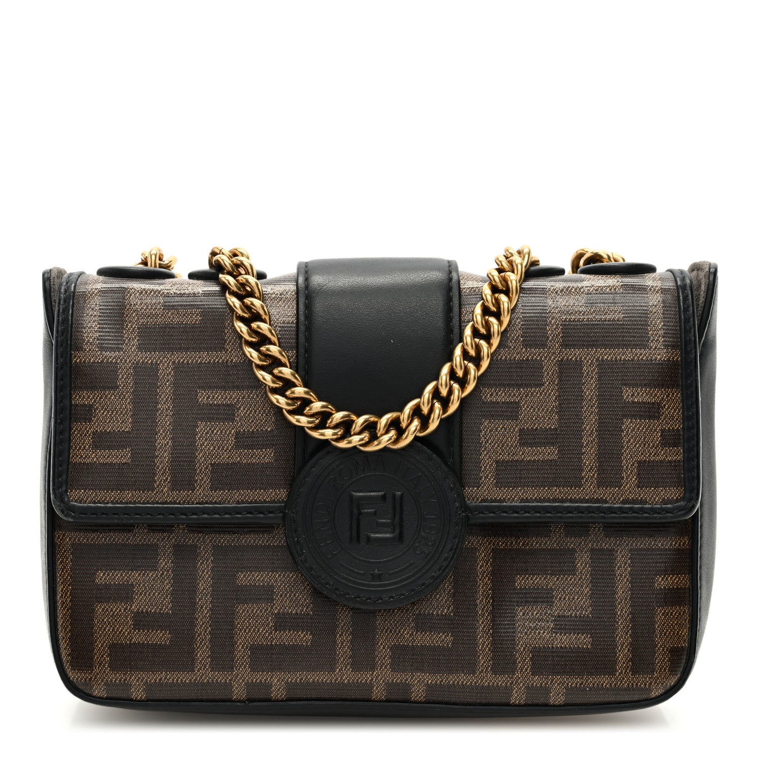 Fendi Glazed Fabric Vitello Century FF 1974 Stamp Patch Mini Double F Crossbody Bag Mogano Panna Black 1 of 11