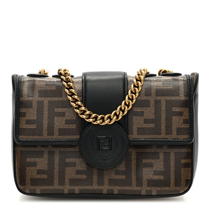 Fendi Glazed Fabric Vitello Century FF 1974 Stamp Patch Mini Double F Crossbody Bag Mogano Panna Black 1 of 11