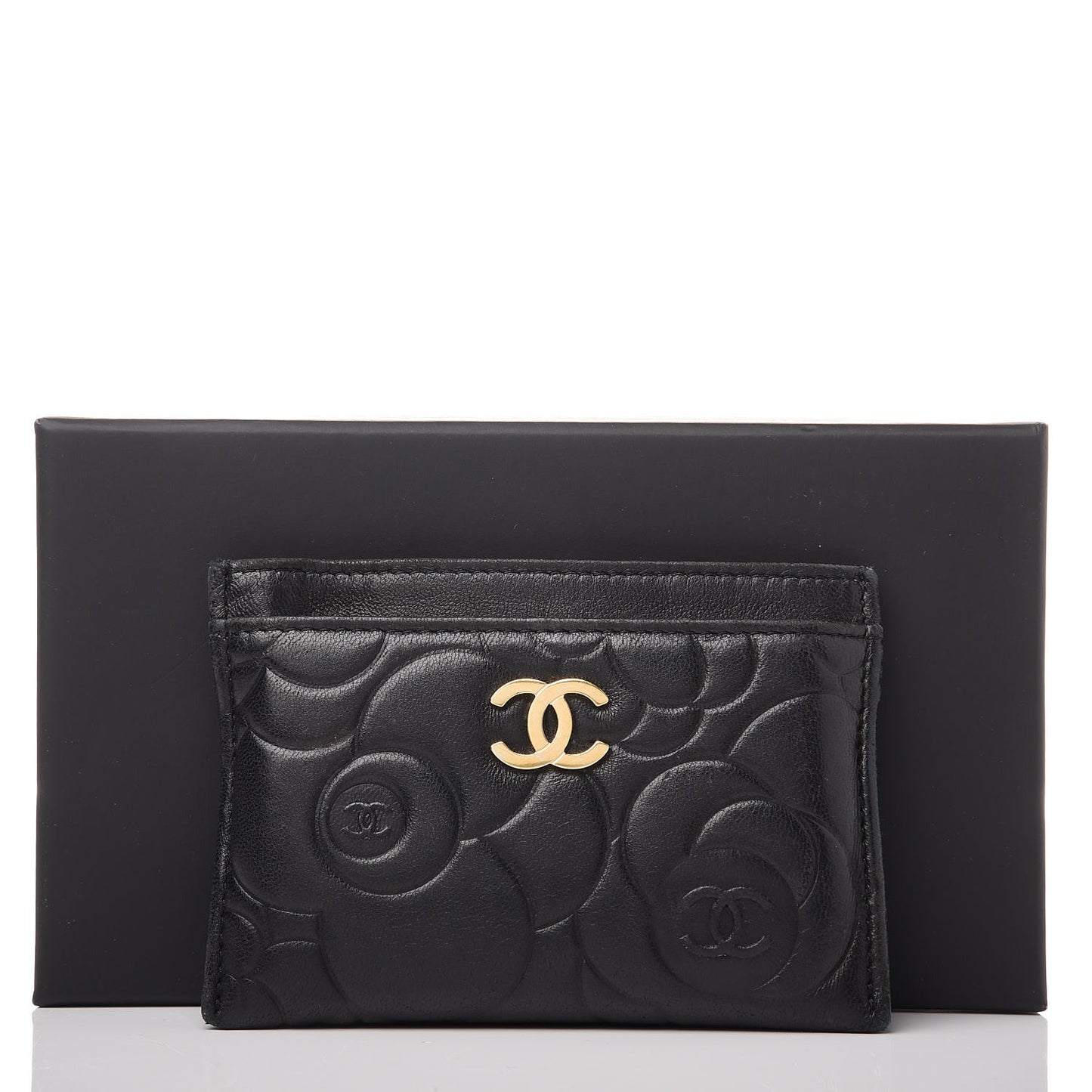 Lambskin Camellia Embossed Card Holder Black