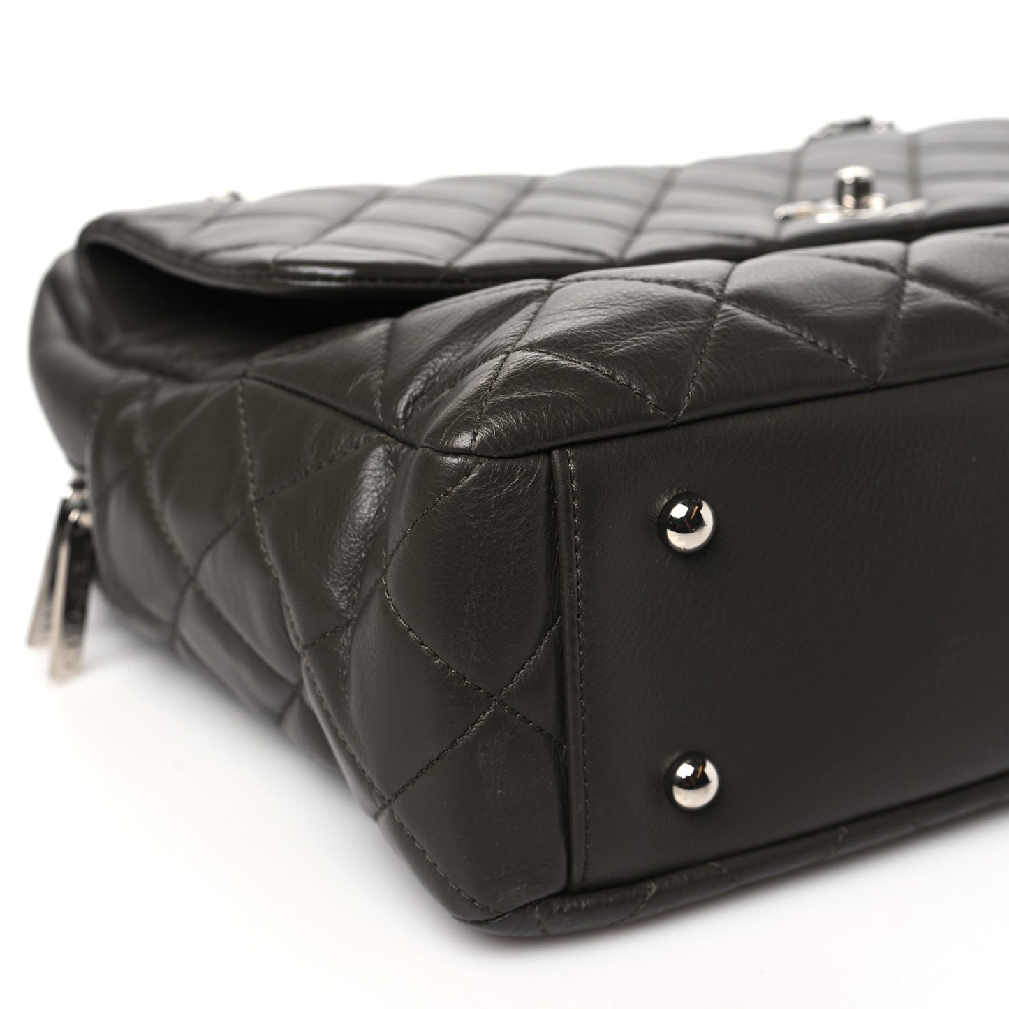 Lambskin Quilted Bowler Flap Shoulder Bag Khaki