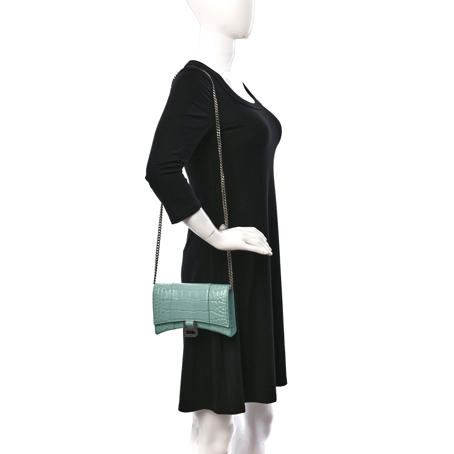 Shiny Calfskin Crocodile Embossed Hourglass Chain Bag Green Acqua