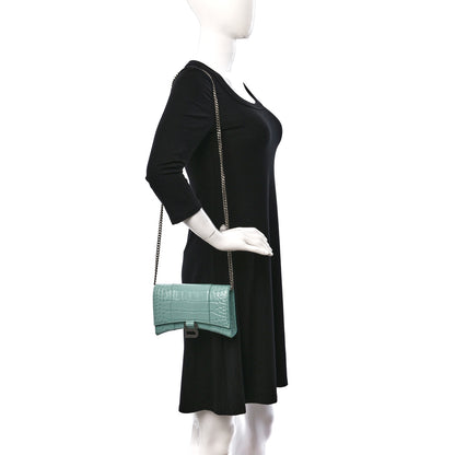 Balenciaga Shiny Calfskin Crocodile Embossed Hourglass Chain Bag Green Acqua 2 of 13