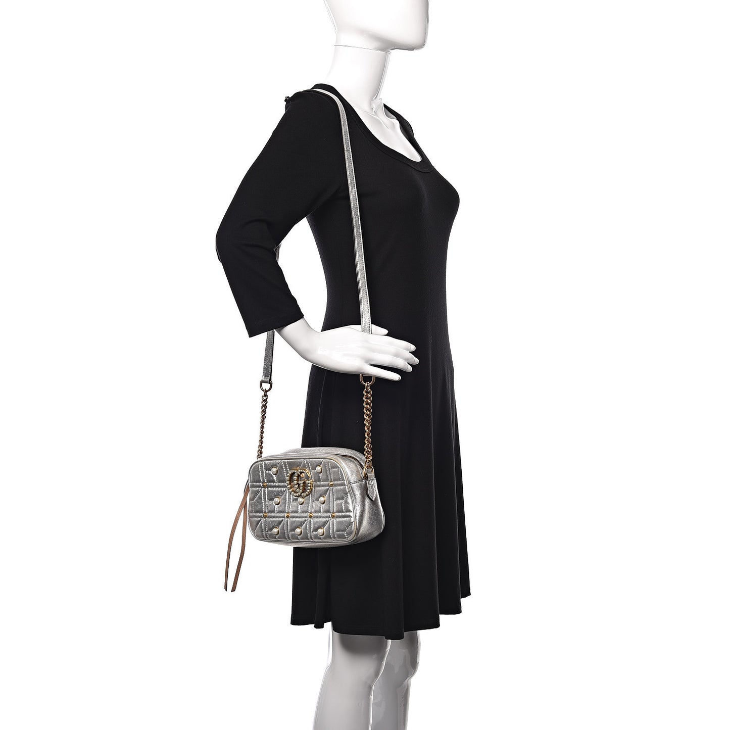 Metallic Calfskin Matelasse Studded Small Pearly GG Marmont Chain Shoulder Bag Silver