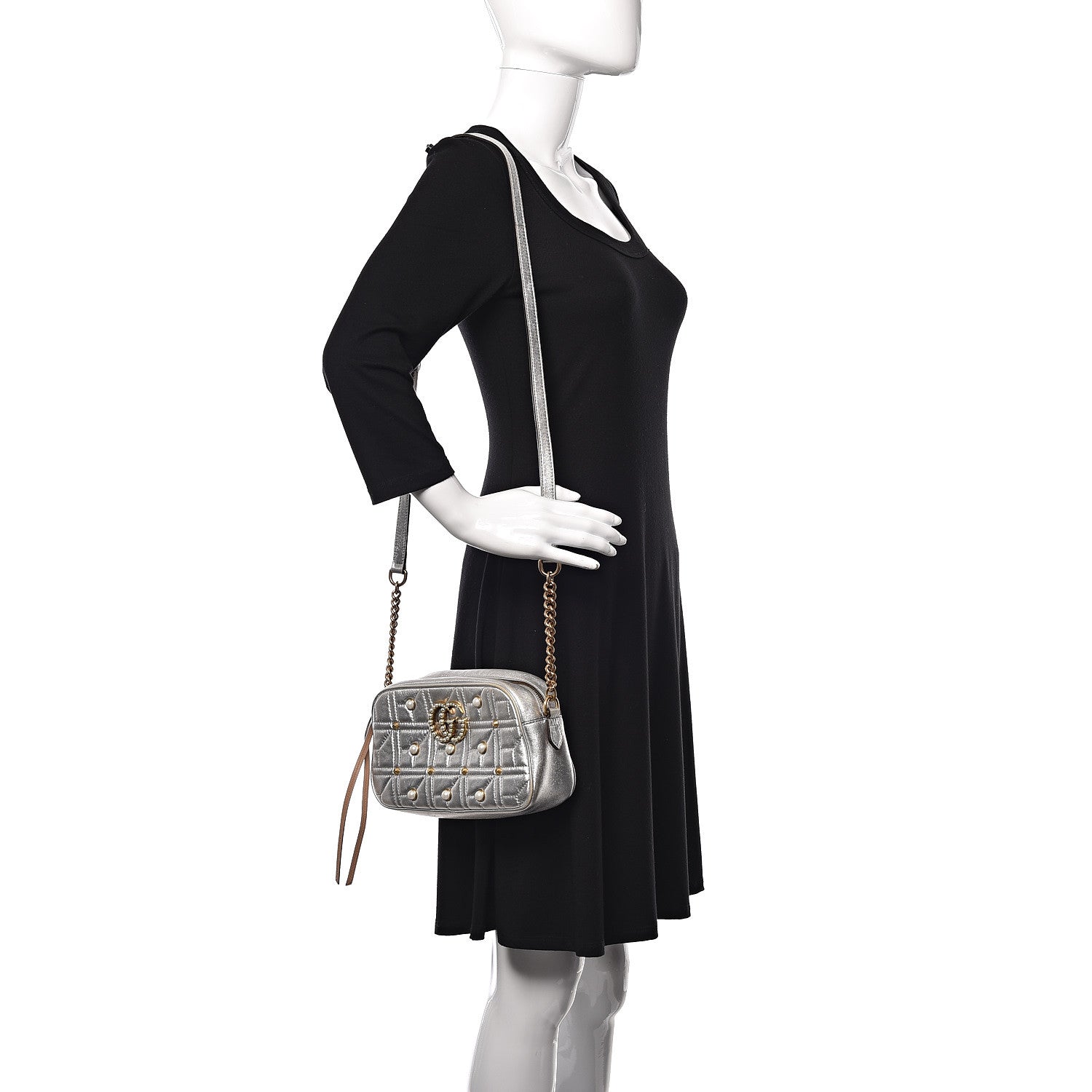 Gucci Metallic Calfskin Matelasse Studded Small Pearly GG Marmont Chain Shoulder Bag Silver 2 of 15