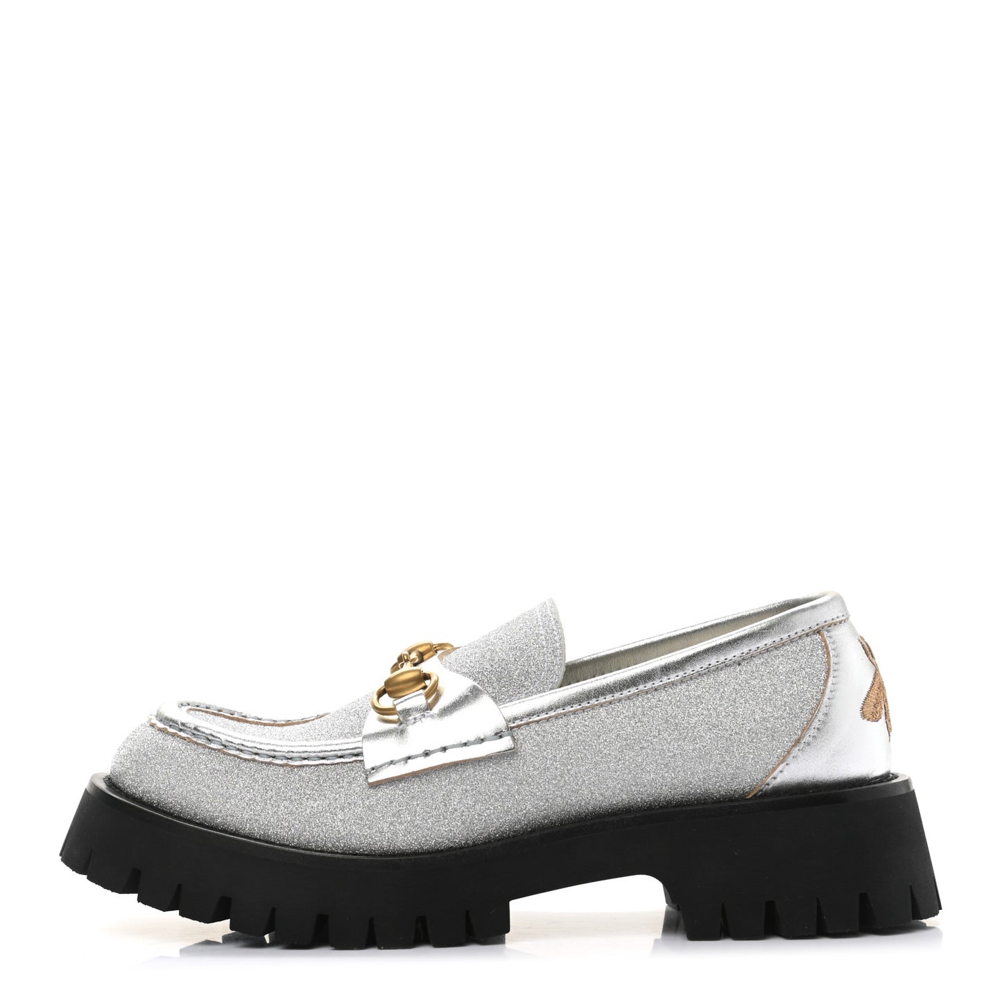 Mini Diamond Storm Silk Calfskin Womens Harald Horsebit 25mm Platform Loafers 38 Silver