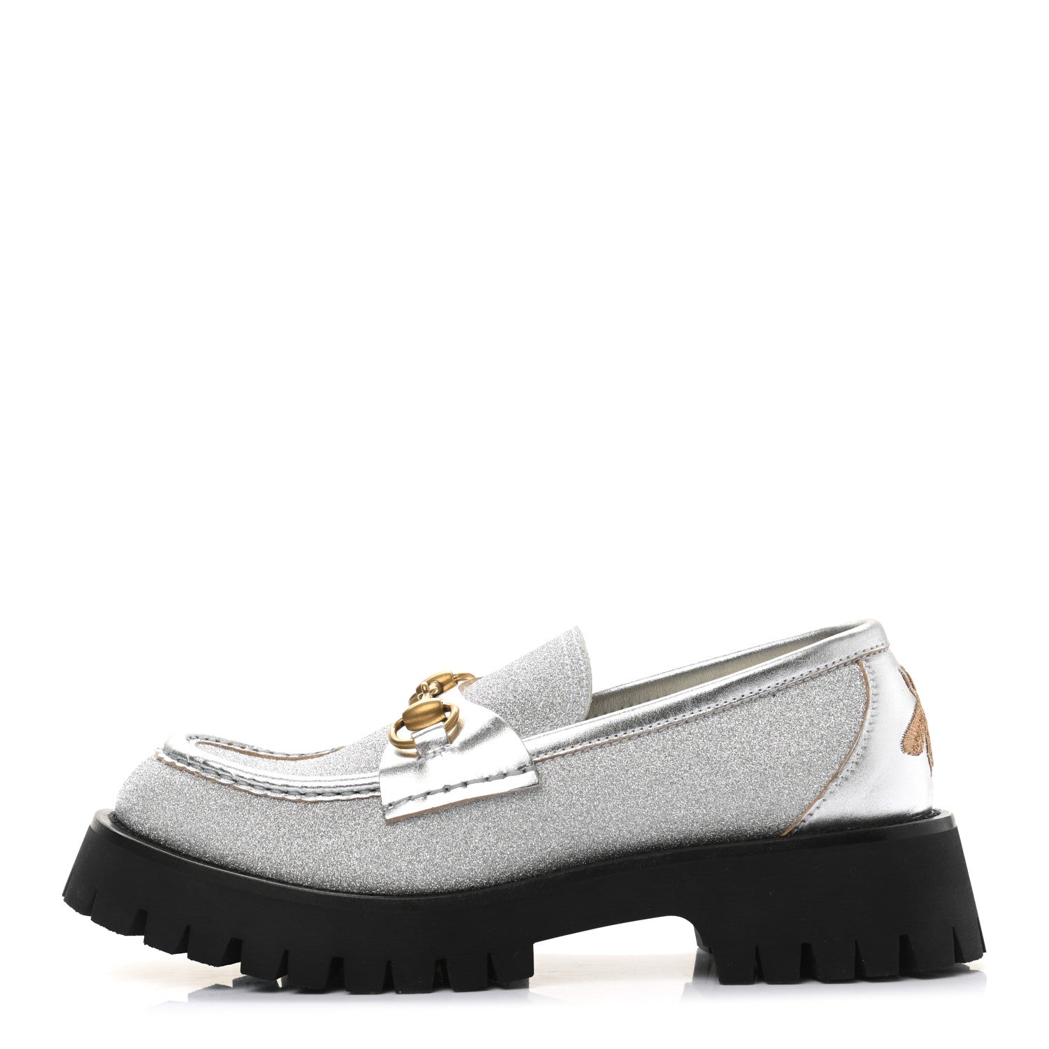 Gucci Mini Diamond Storm Silk Calfskin Womens Harald Horsebit 25mm Platform Loafers 38 Silver 1 of 12