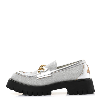 Gucci Mini Diamond Storm Silk Calfskin Womens Harald Horsebit 25mm Platform Loafers 38 Silver 1 of 12