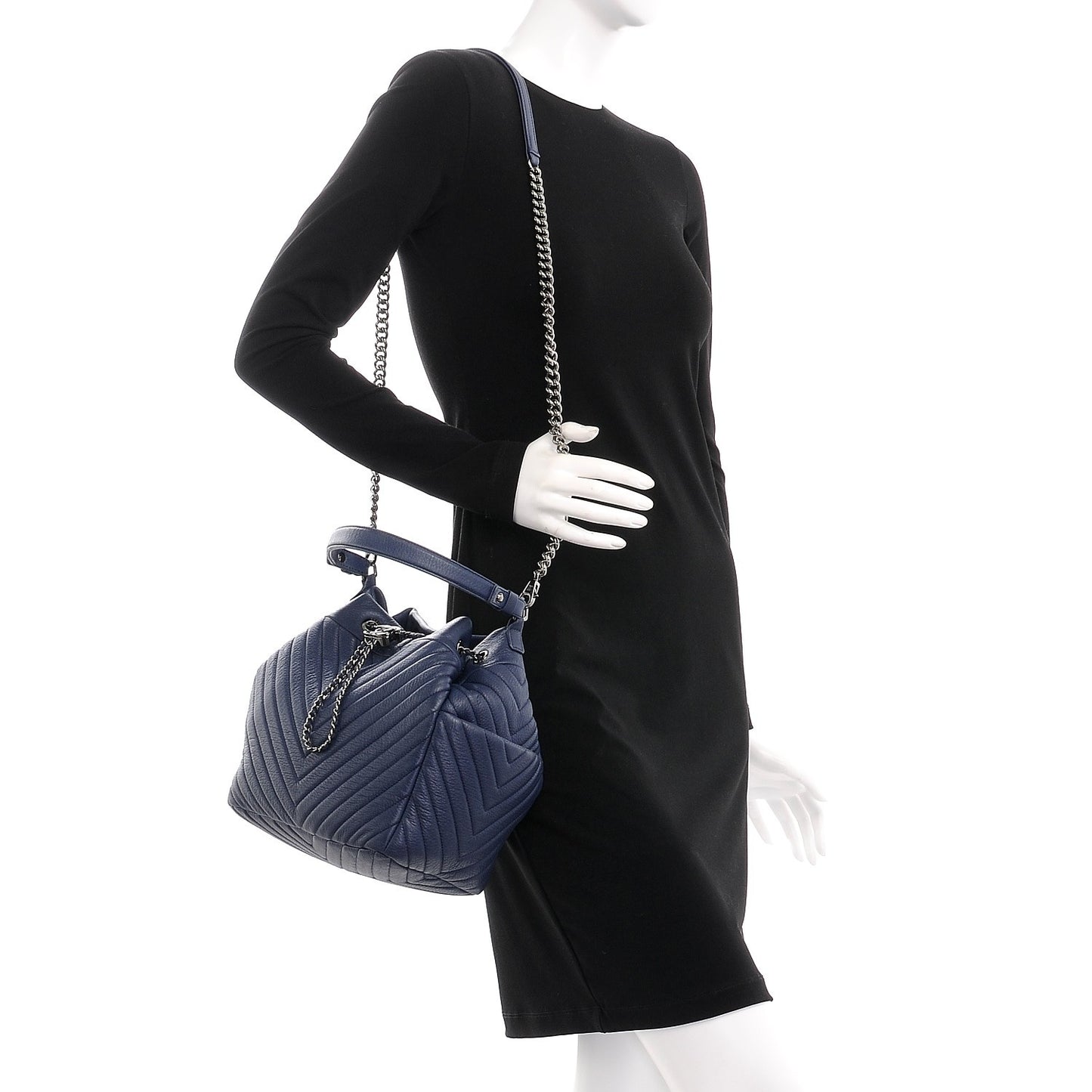 Deerskin Chevron Medium Chain Bucket Bag Blue