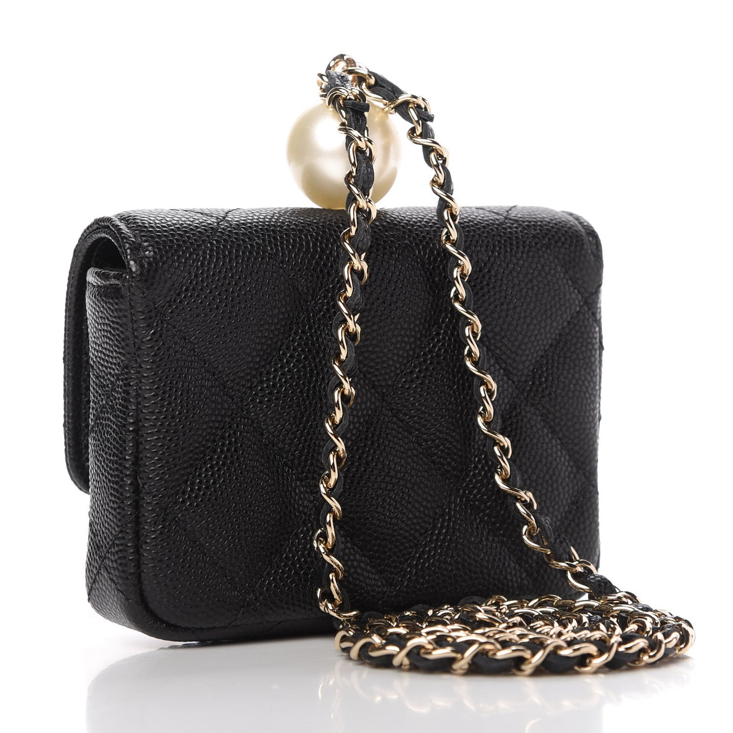 Caviar Quilted Pearl Card Holder On Chain Black