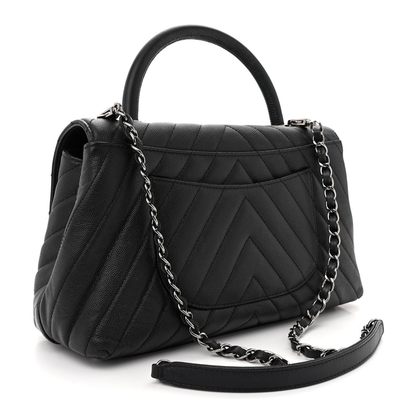 Caviar Chevron Quilted Small Coco Handle Flap Dark Grey