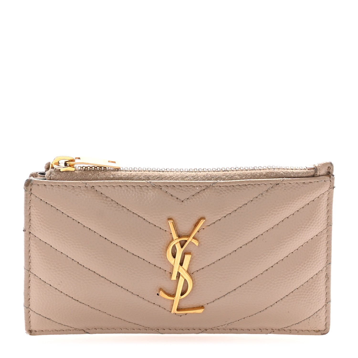 Saint Laurent Grain De Poudre Matelasse Chevron Monogram Fragments Zippered Card Case Deep Beige 1 of 6