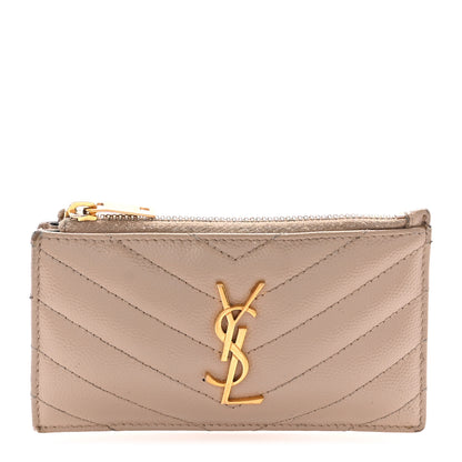 Saint Laurent Grain De Poudre Matelasse Chevron Monogram Fragments Zippered Card Case Deep Beige 1 of 6