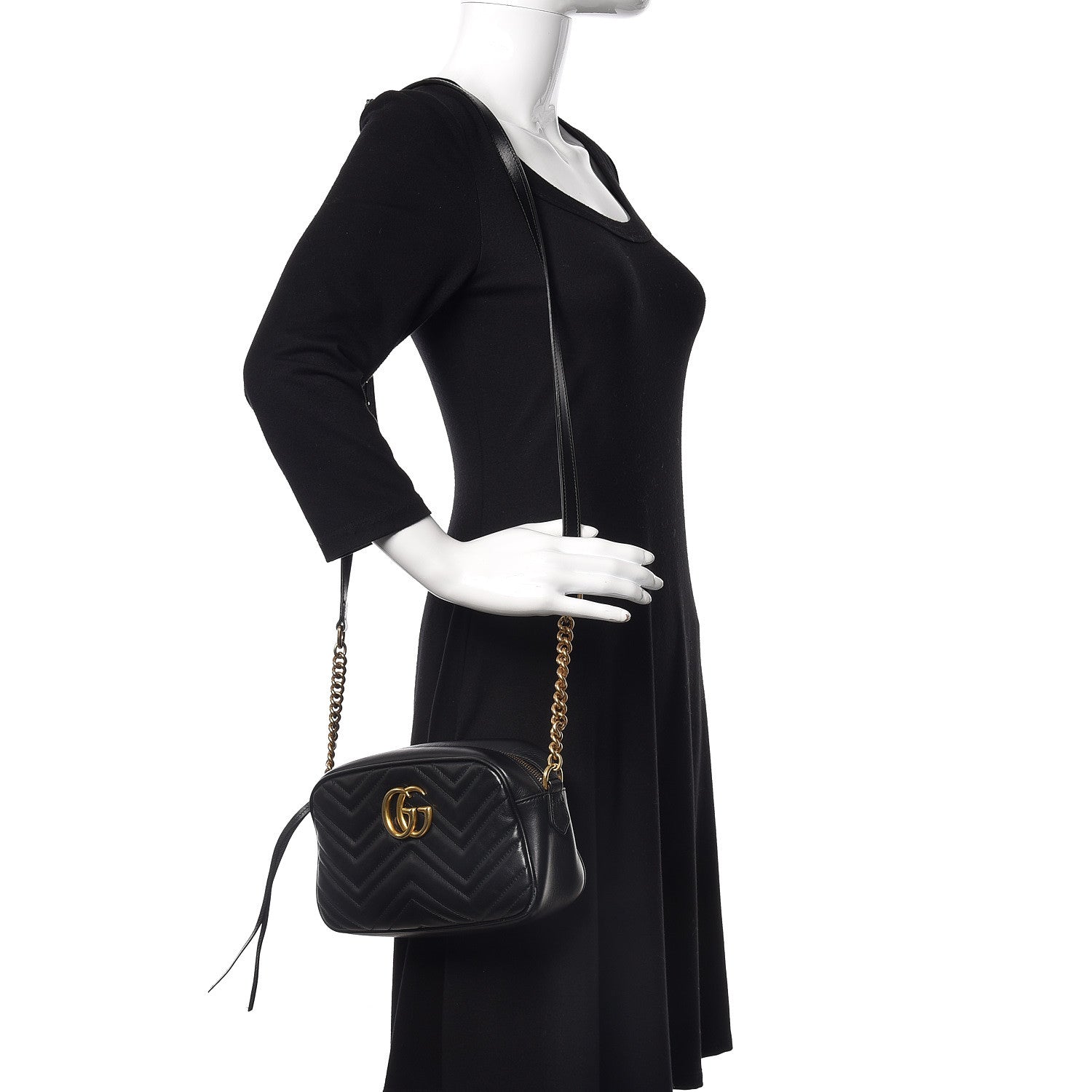 Gucci Calfskin Matelasse Small GG Marmont Chain Shoulder Bag Black 2 of 11