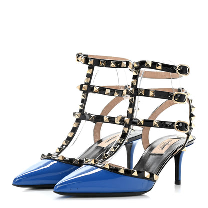 Valentino Garavani Patent Rockstud Ankle Strap Low Heel Pumps 37.5 Blue Black 3 of 10