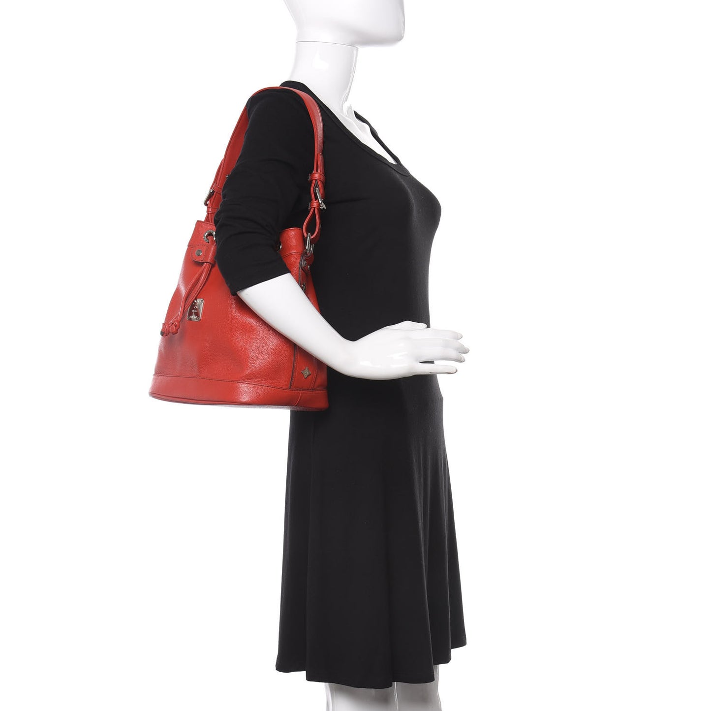 Grained Calfskin Studded Drawstring Bucket Bag Red