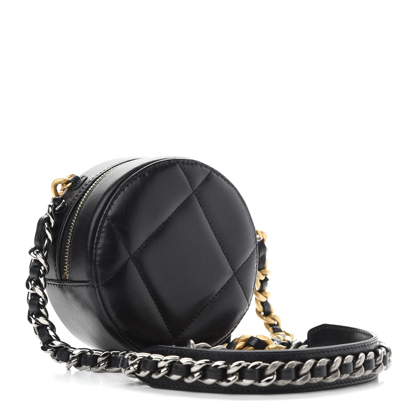 Shiny Goatskin Quilted Chanel 19 Round Clutch With Chain Black