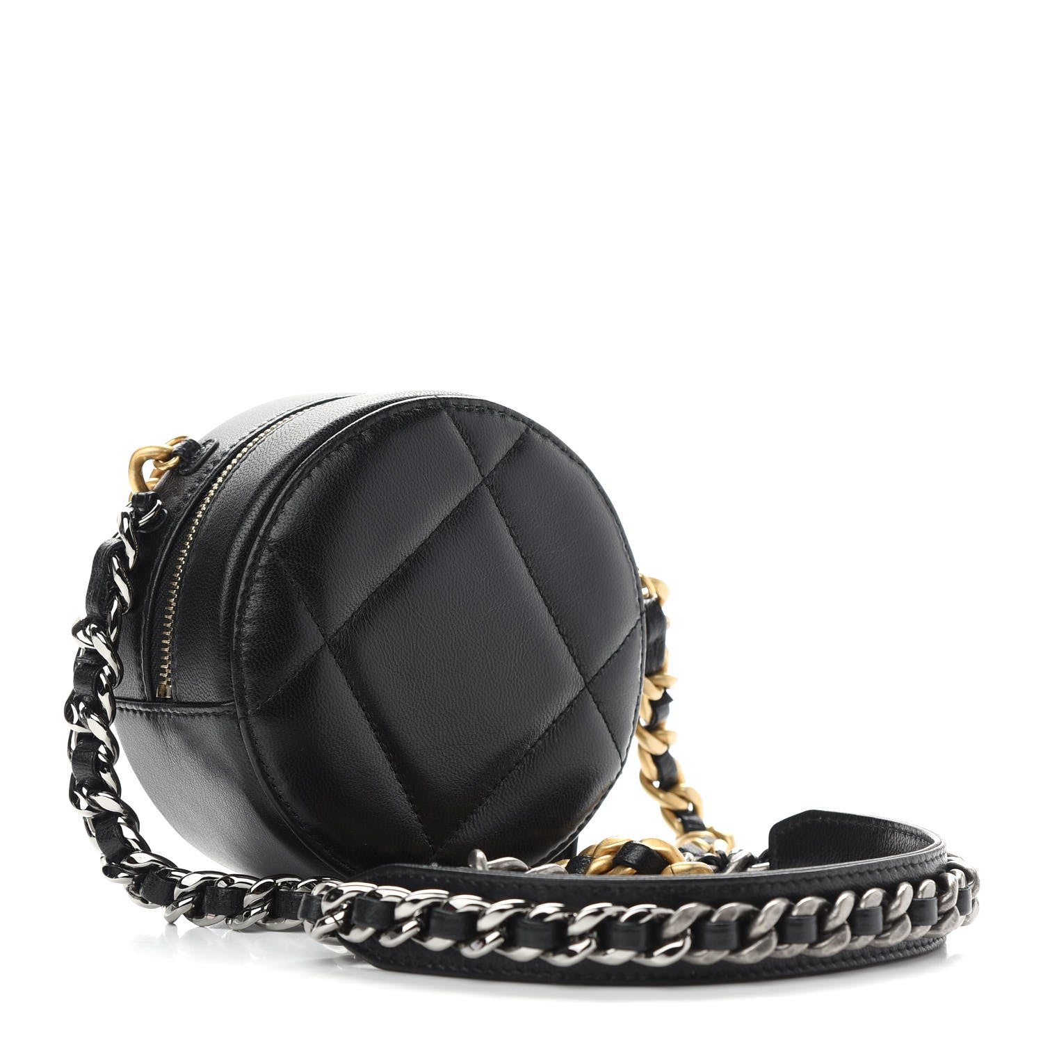 Chanel Shiny Goatskin Quilted Chanel 19 Round Clutch With Chain Black 3 of 9