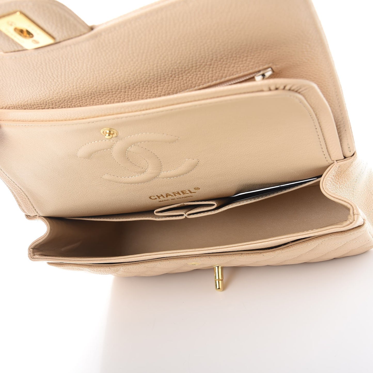 Caviar Quilted Medium Double Flap Beige Clair