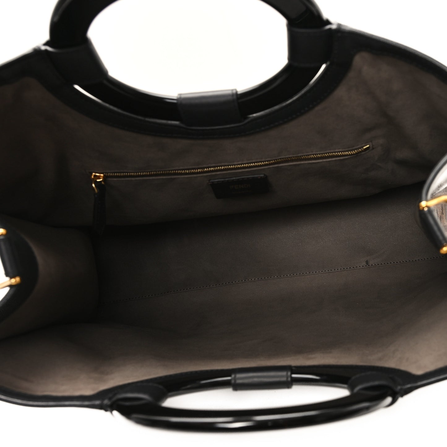 Glazed Fabric Vitello Century Plexiglass FF 1974 Stamp Patch Medium Runaway Shopper Tote Mogano Panna Black