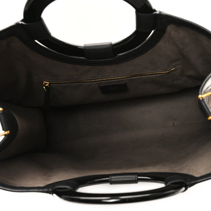 Fendi Glazed Fabric Vitello Century Plexiglass FF 1974 Stamp Patch Medium Runaway Shopper Tote Mogano Panna Black 5 of 12