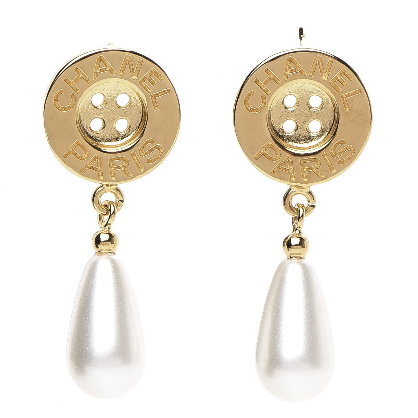 Metal Pearl Paris Button Drop Earrings Gold
