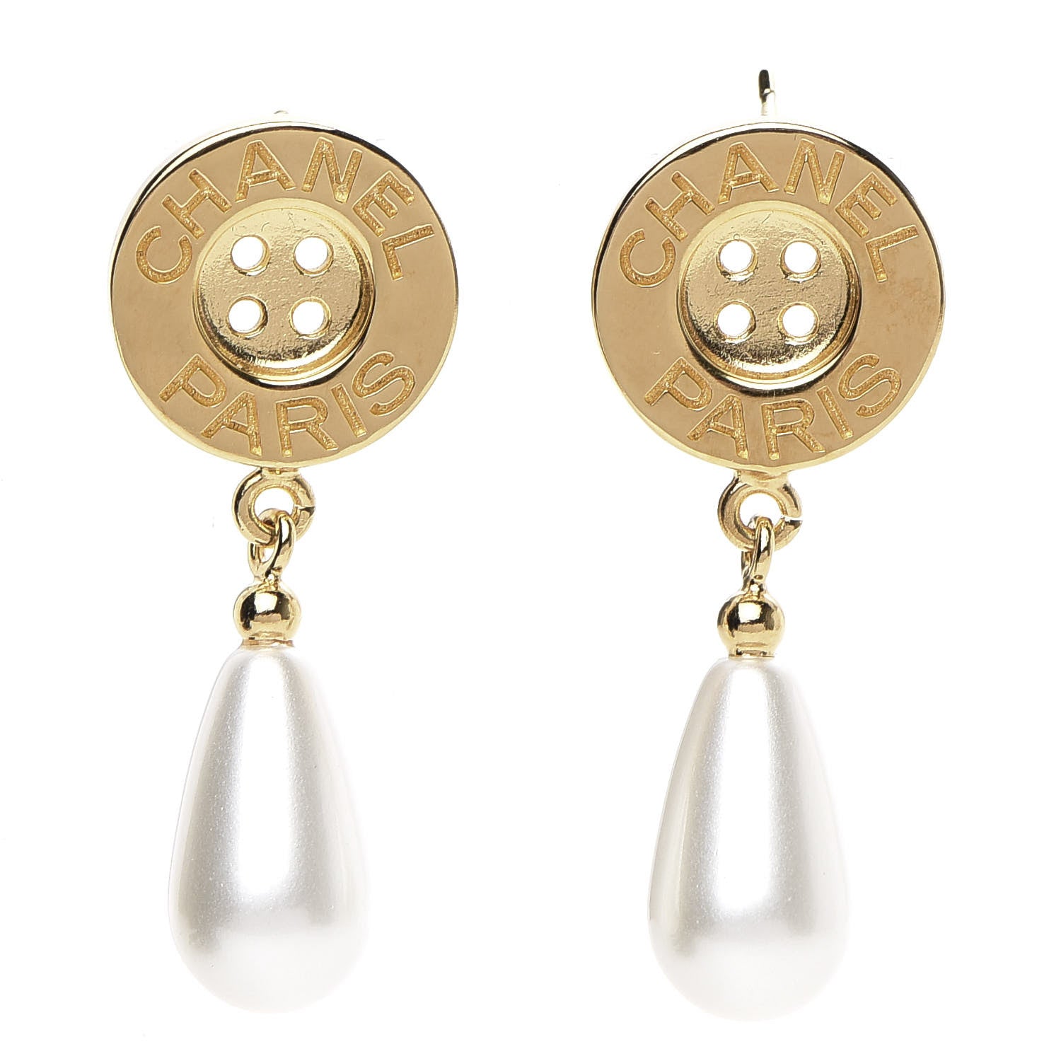 Chanel Metal Pearl Paris Button Drop Earrings Gold 1 of 6