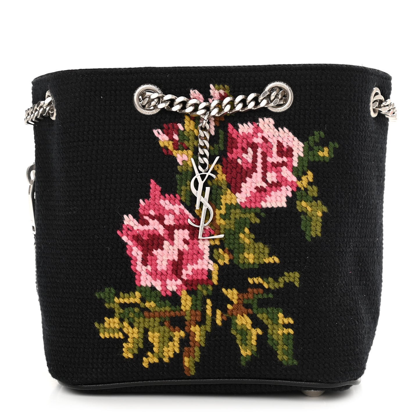 Woven Wool Embroidered Baby Emmanuelle Bucket Bag Black