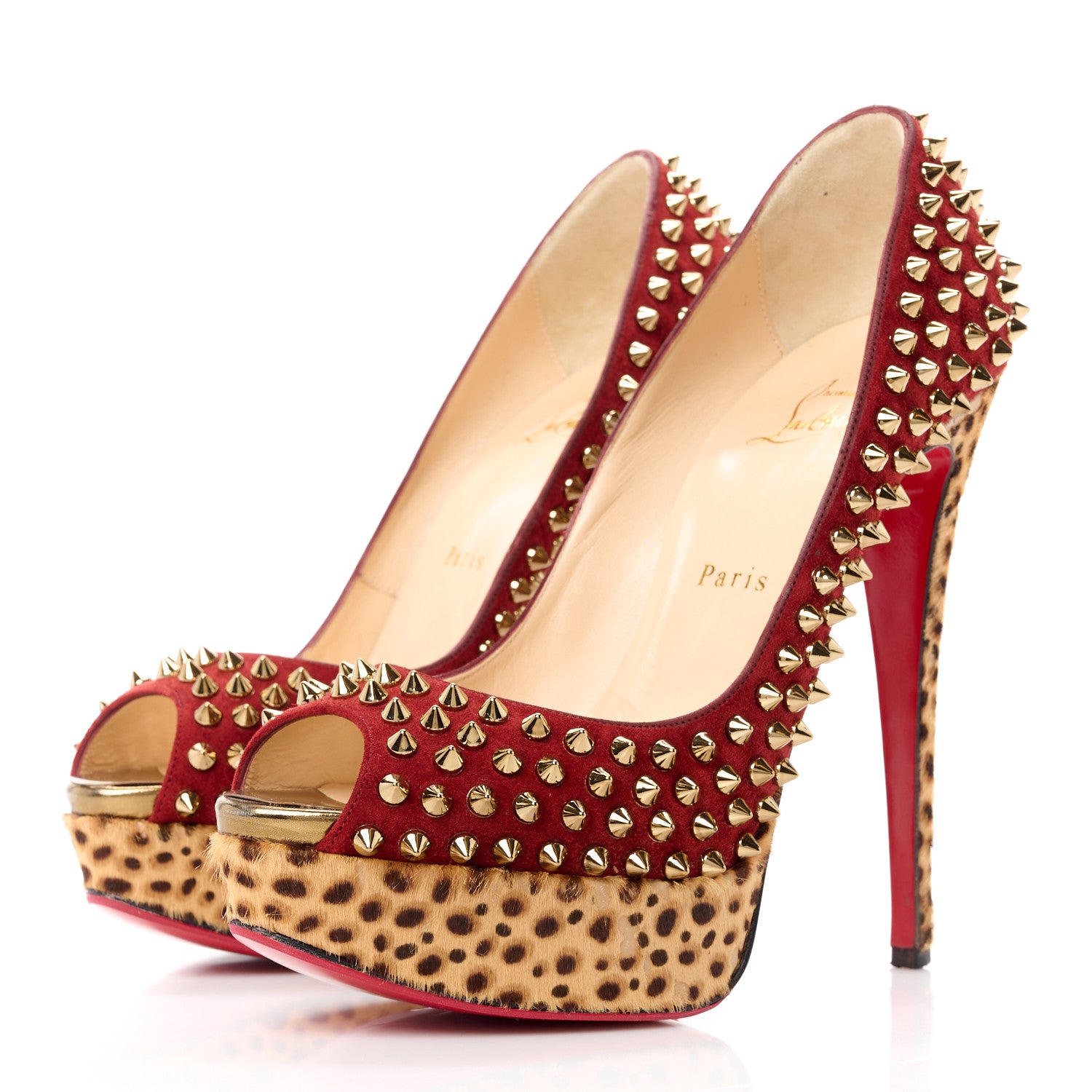 Christian Louboutin Veau Velours Calf Hair Leopard Lady Peep Spikes 150 Pumps 39.5 Red 3 of 11