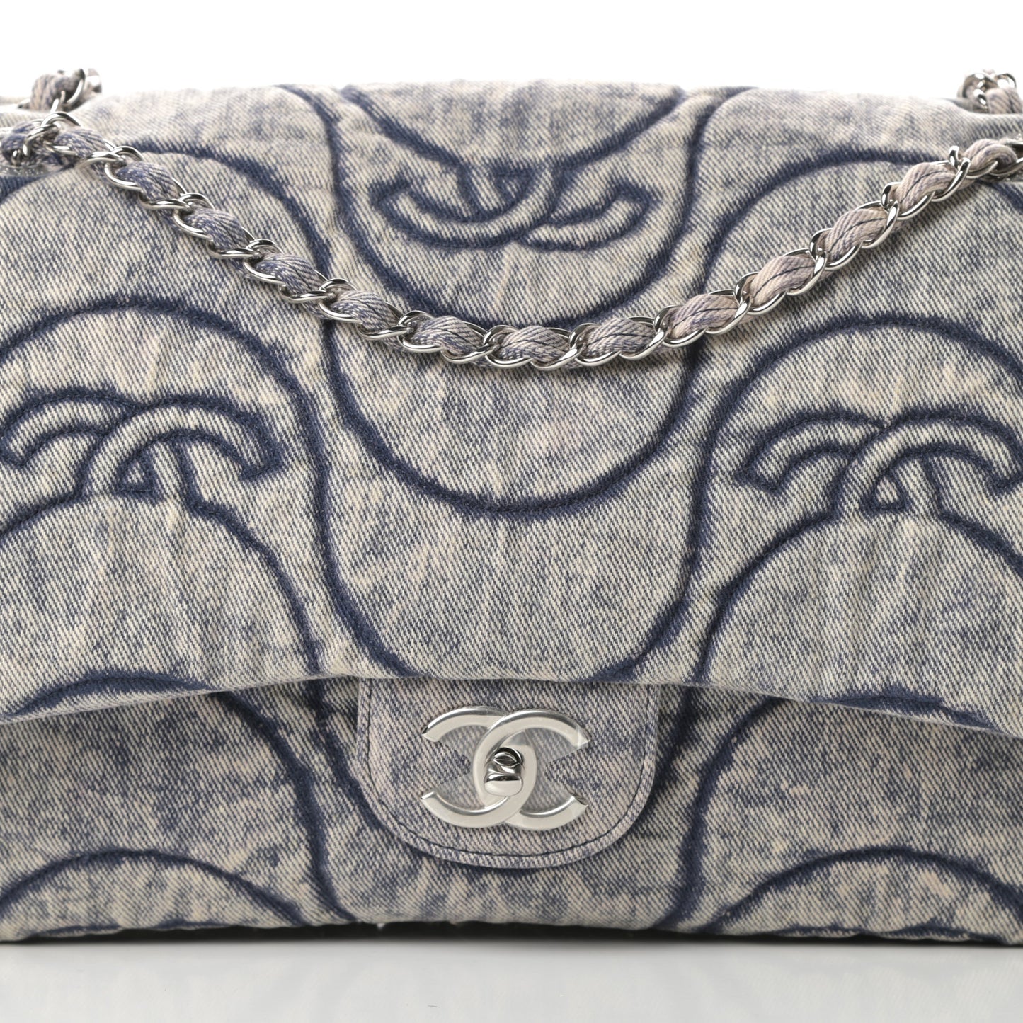 Denim Embossed CC Logo Print Jumbo Single Flap Blue