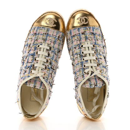 Chanel Tweed Laminated Lambskin Lace Up Espadrilles 39 Pink Blue Gold White 2 of 9