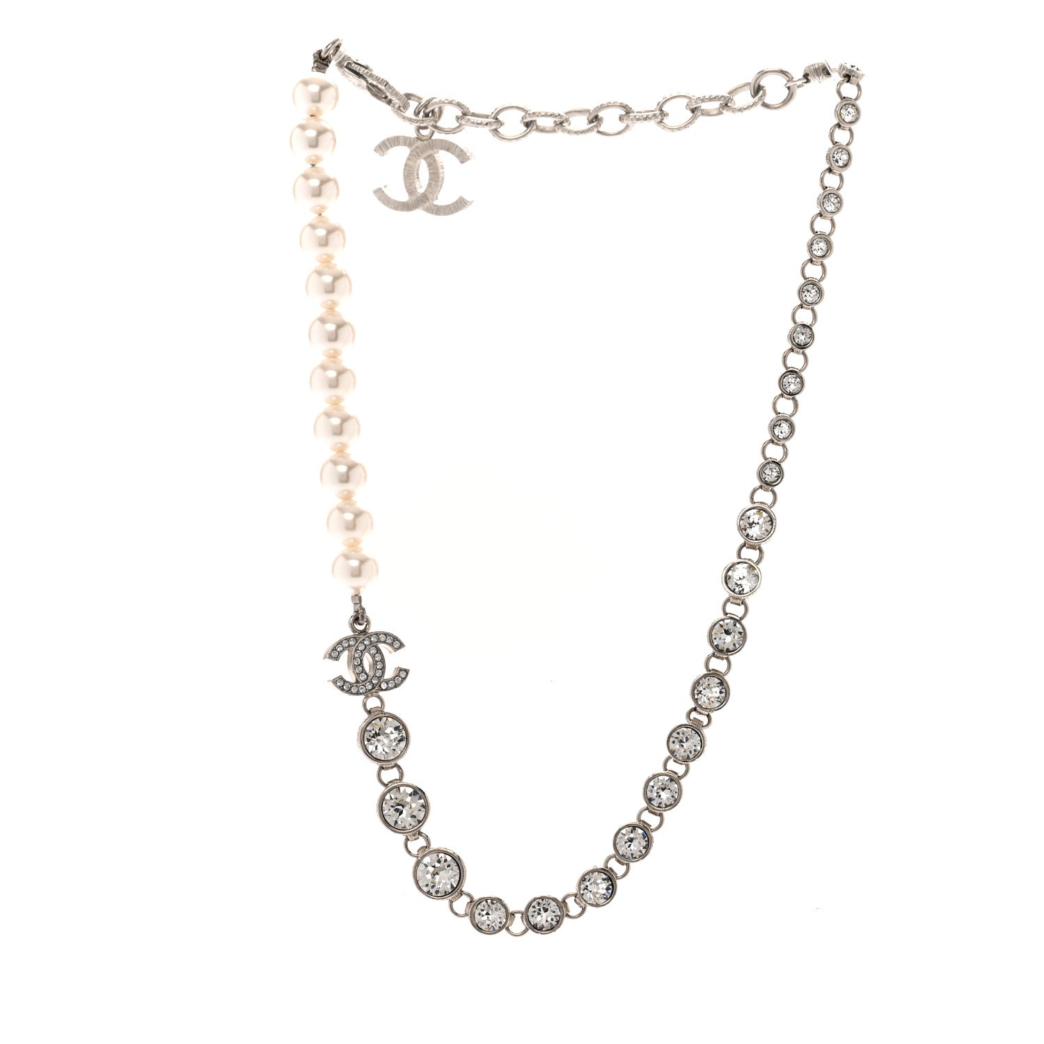 Chanel Pearl Crystal CC Choker Necklace Silver 3 of 5