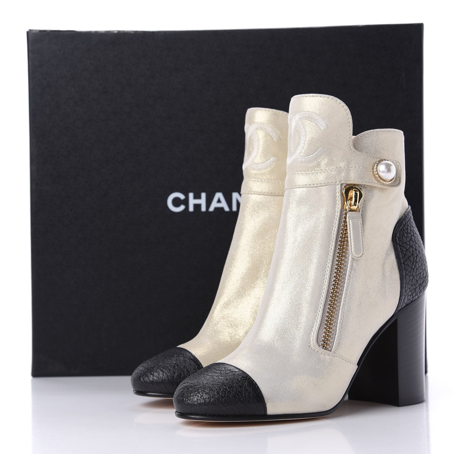 Chanel Metallic Calfskin Pearl CC Cap Toe Short Boots 35 Gold 13 of 13