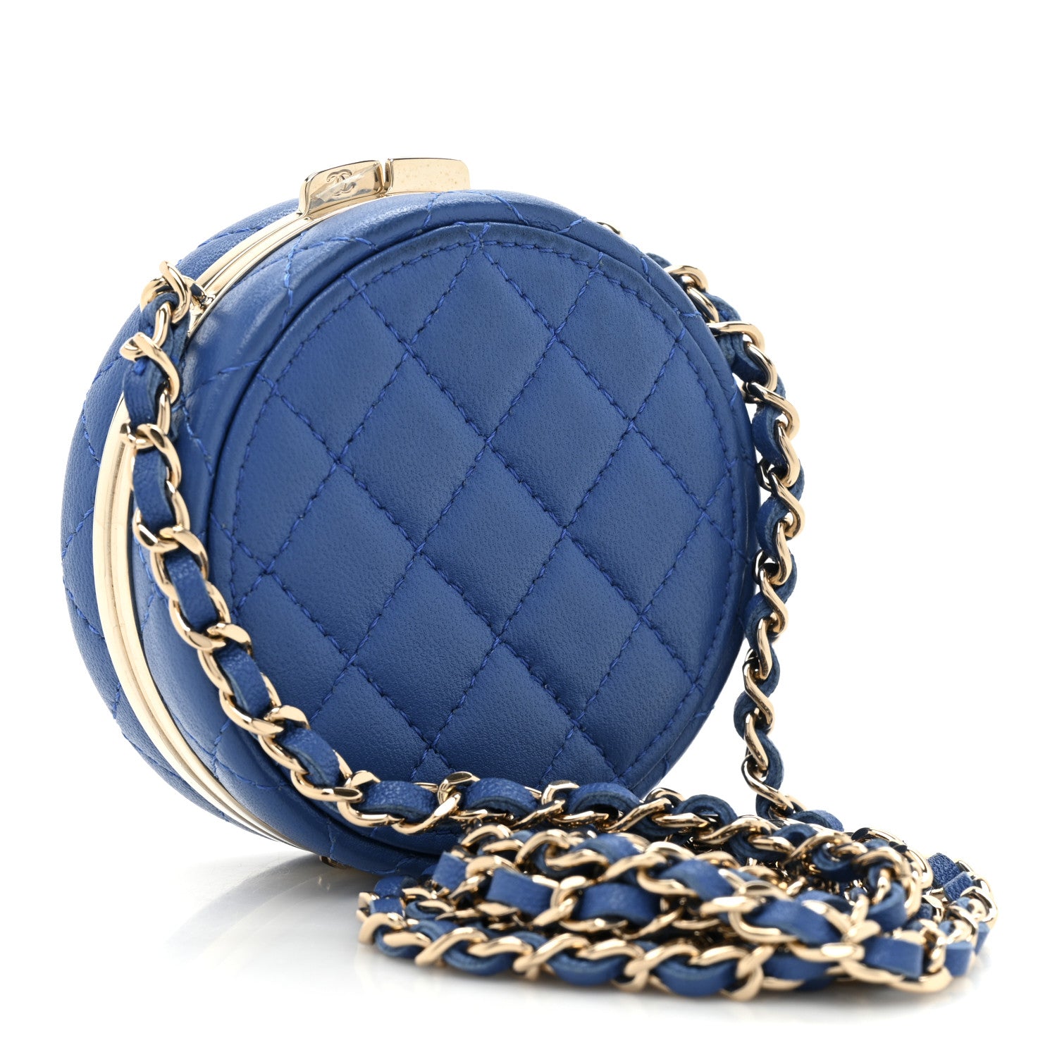 Chanel Lambskin Enamel Quilted Round Poker Chip Clutch With Chain Blue White 3 of 9