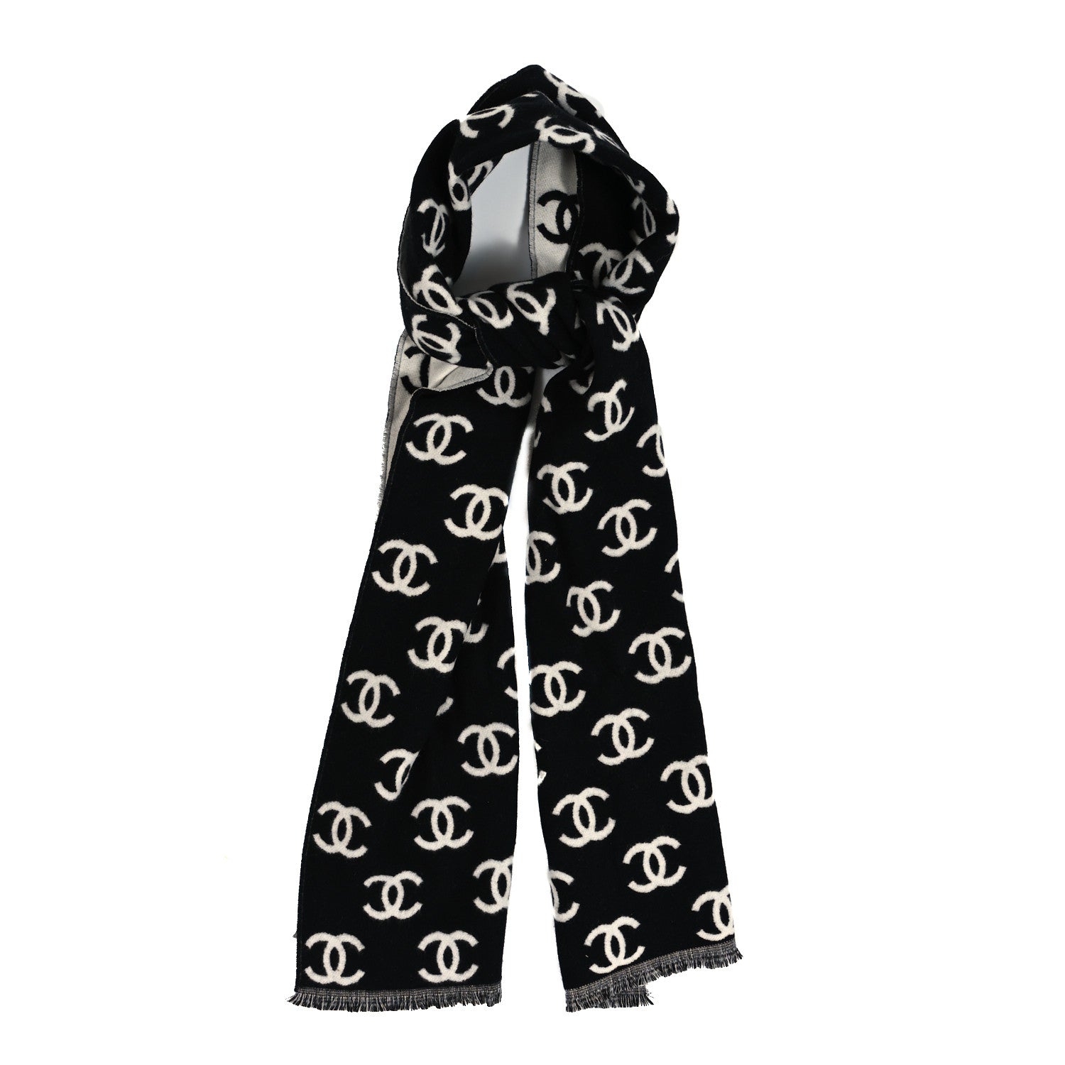 Chanel Wool Cashmere CC Scarf Black White 1 of 4