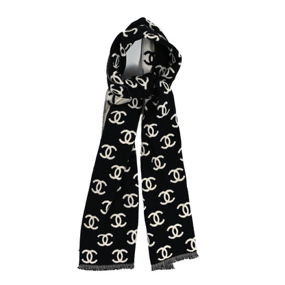 Chanel Wool Cashmere CC Scarf Black White 1 of 4