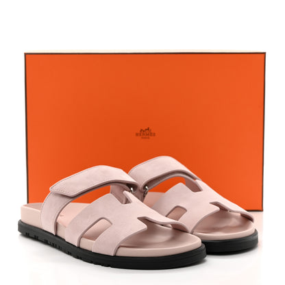 Hermes Suede Goatskin Womens Chypre Sandals 37 Rose Porcelaine 9 of 9