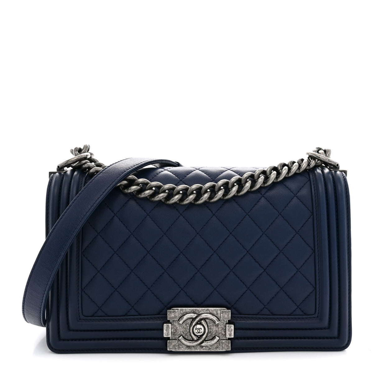 Lambskin Quilted Medium Boy Flap Navy
