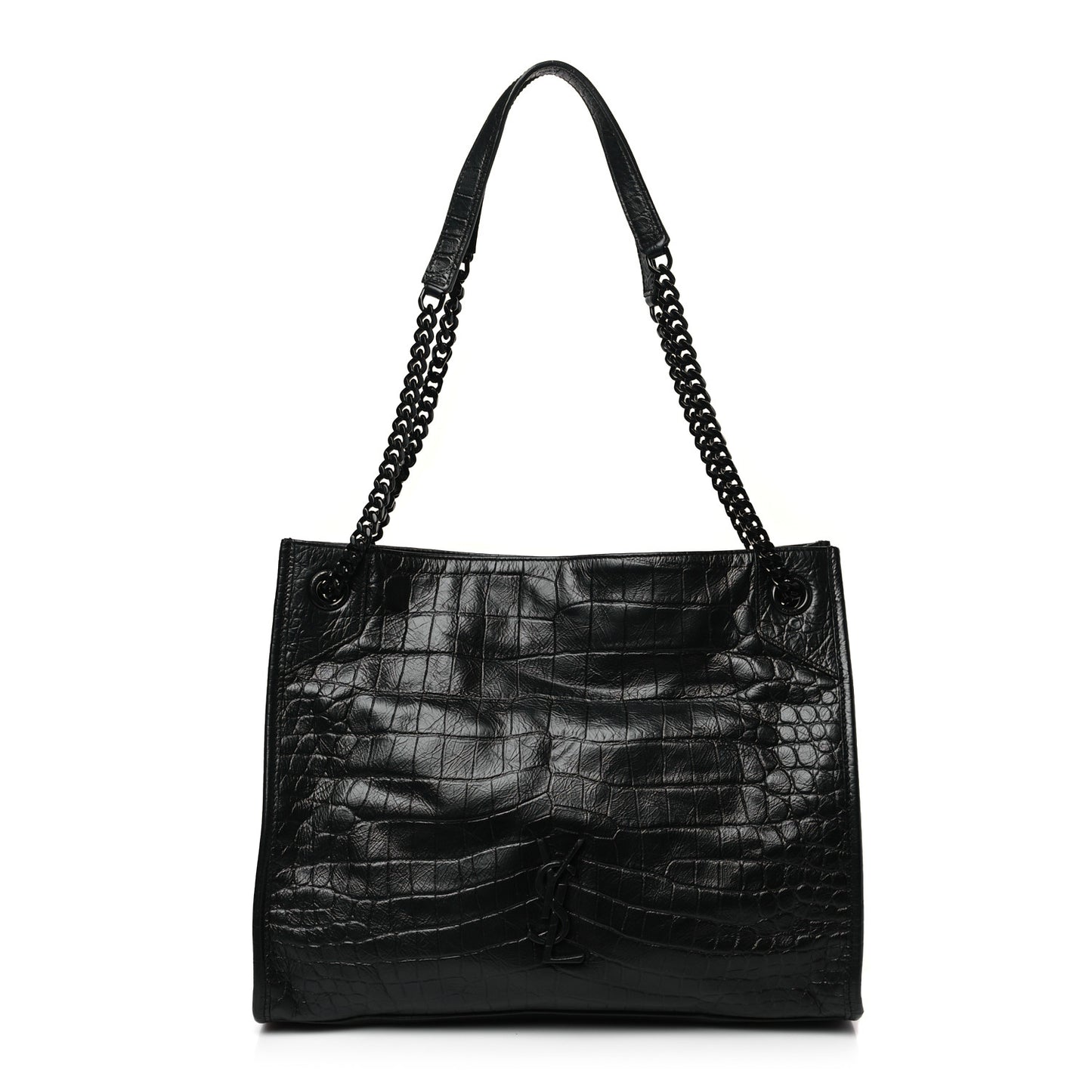 Calfskin Crocodile Embossed Monogram Medium Niki Shopping Bag Black
